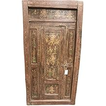 Ancient Spirituality 18c Antique Indian Hand Made Vintage Door Dancing Ganesha Painted Wooden Doors
