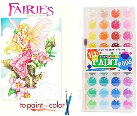 Dover Fairies to Paint or Color Adult Coloring Book and IA Lil' Watercolor Paint Pods Set of 36 Colors, Paint the Magic of Nature, Surrounded by Fairies, Flowers, Butterflies, and Woodland Creatures