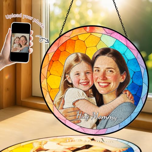 Personalized Photo Stained Glass Suncatcher – Custom Stained Glass Window Hanging Ornament, Unique Gift for Mom, Dad, Couple,Remembrance Keepsake for Anniversary(Style-1)