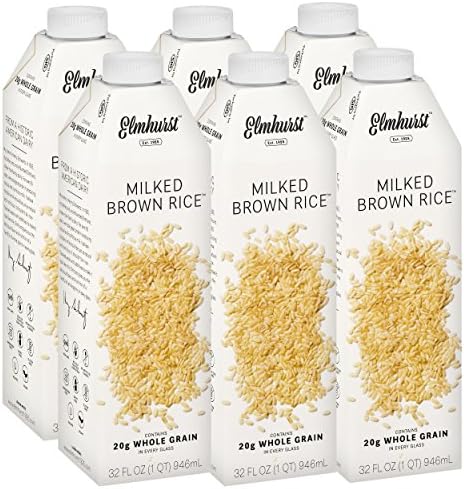 Elmhurst 6pk Milked Brown Rice 32 oz. Creamy & Delicious Rice Milk. More Nuts! More Nutrition! Gluten Free, Lactose Free, Vegan Beverage.