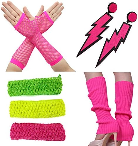 Litluxe Women's 80s Fancy Outfit Costume Accessories Set Neon Earrings Headband Fishnet Gloves Warmers (A)
