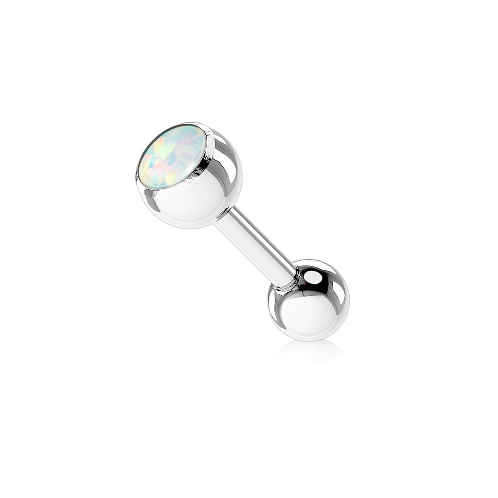 PiercedOff 316L Surgical Steel Externally Threaded Tongue Bar with Synthetic White Opal Ball - Thickness 14GA (1.6mm) / Length 16mm / Ball size is 6mm Top and 5mm Lower