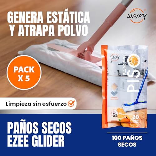 100 Paños Secos Ezee Glider | Sustituto Barrido Tradicional - Atrapa Polvo y Pelo | Repuestos de Paños de Limpieza Aroma Cítrico | Limpian Madera, Azulejo y Linóleo | Compatibles con Cualquier Baston