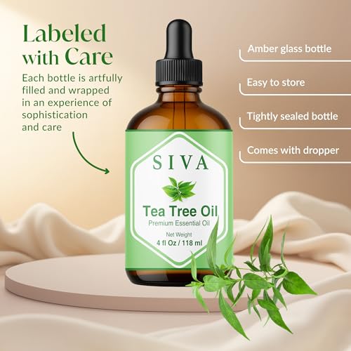 SIVA Tea Tree Essential Oil - 4 Fl Oz – Natural Tea Tree Oil - for Diffuser, Face, Skin Care, Aromatherapy, Hair Care, Scalp and Body Massage - with Dropper