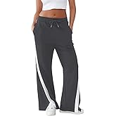 YIPINK Women's Wide Leg Sweatpants Baggy Fit - Cotton Side Striped Track Pants with Pockets,High Waisted Straight Deep Gray