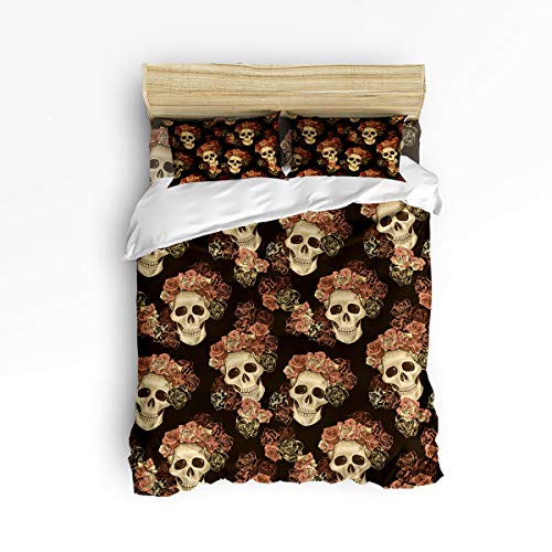 YEHO Art Gallery Queen Size Lovely Bed Sheet Sets Duvet Cover Set for Kids Adult,Retro Skul Head with Flower Printed Black Soft Comortable Bedding Set Bathroom Home Decoration