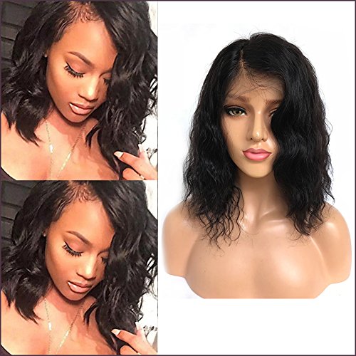 Bob Human Hair Lace Front Wigs Wavy Short Lace Frontal Wigs with Bangs Body Wave Off Black Glueless Shoulder Length Human Hair Wig 12'' 1B Natural Black