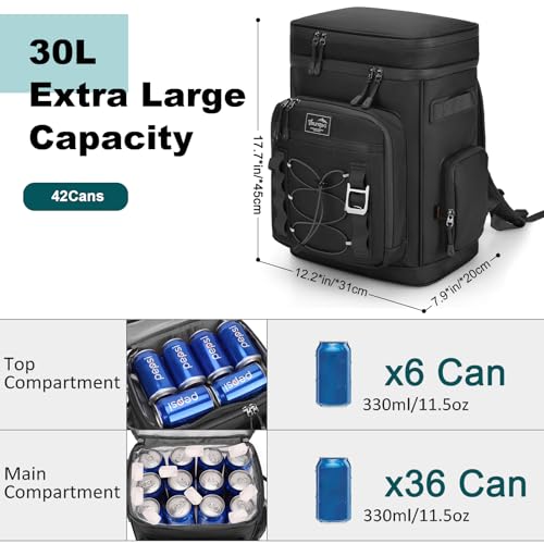 Youngoa Mochila Nevera Isotermica, 30L Grande Bolsa Termica Impermeable para Picnic, Playa, Camping, Barbacoa, Negro