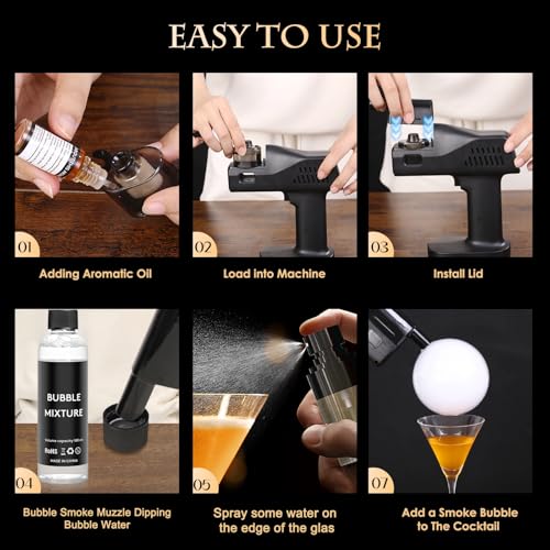 Seihoae Cocktail Bubble Smoke Gun, One Key Operation, Handheld, with 1.4 Inch Color Screen, for Bartenders, Bar, Party, Wine, Drinks, Coffee