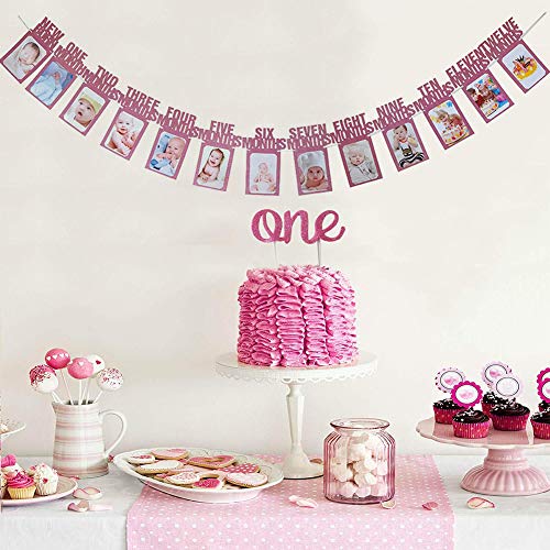 image for TONIFUL Pink 1st Birthday Photo Banner, First Birthday Baby Photo Bann