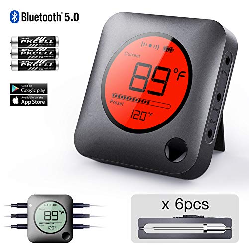 Bluetooth Meat Thermometer Smart Wireless Remote Digital BBQ Thermometer APP Controlled With 6 Stainless Steel Probes, Large LCD Display For Cooking Smoker Grilling Oven