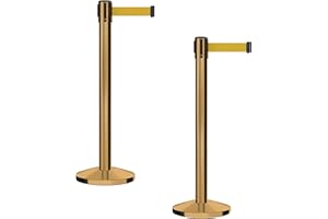 Crowd Control Warehouse CCW Series RBB-150 - Set of 2 Stanchion Retractable Belt Barriers - 16 Foot, Yellow Belt with Satin Brass Steel Post - Easy Assembly