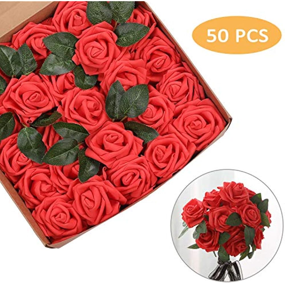 Artificial Rose Flowers 50pcs Red Fake Roses Foam Real Looking W/Stem