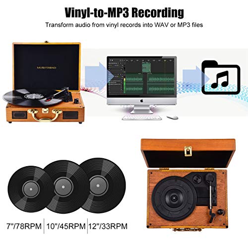 Record Player,Pareiko Turntable 3 Speed Vinyl Record Player with Stereo Speaker MP3 Recording Suitcase Design