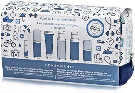 Consonant Gym & Travel Essentials Kit (7 Piece, Unscented) for Dry Skin with Tea Tree Oil, Green Tea, and Grapeseed Oil