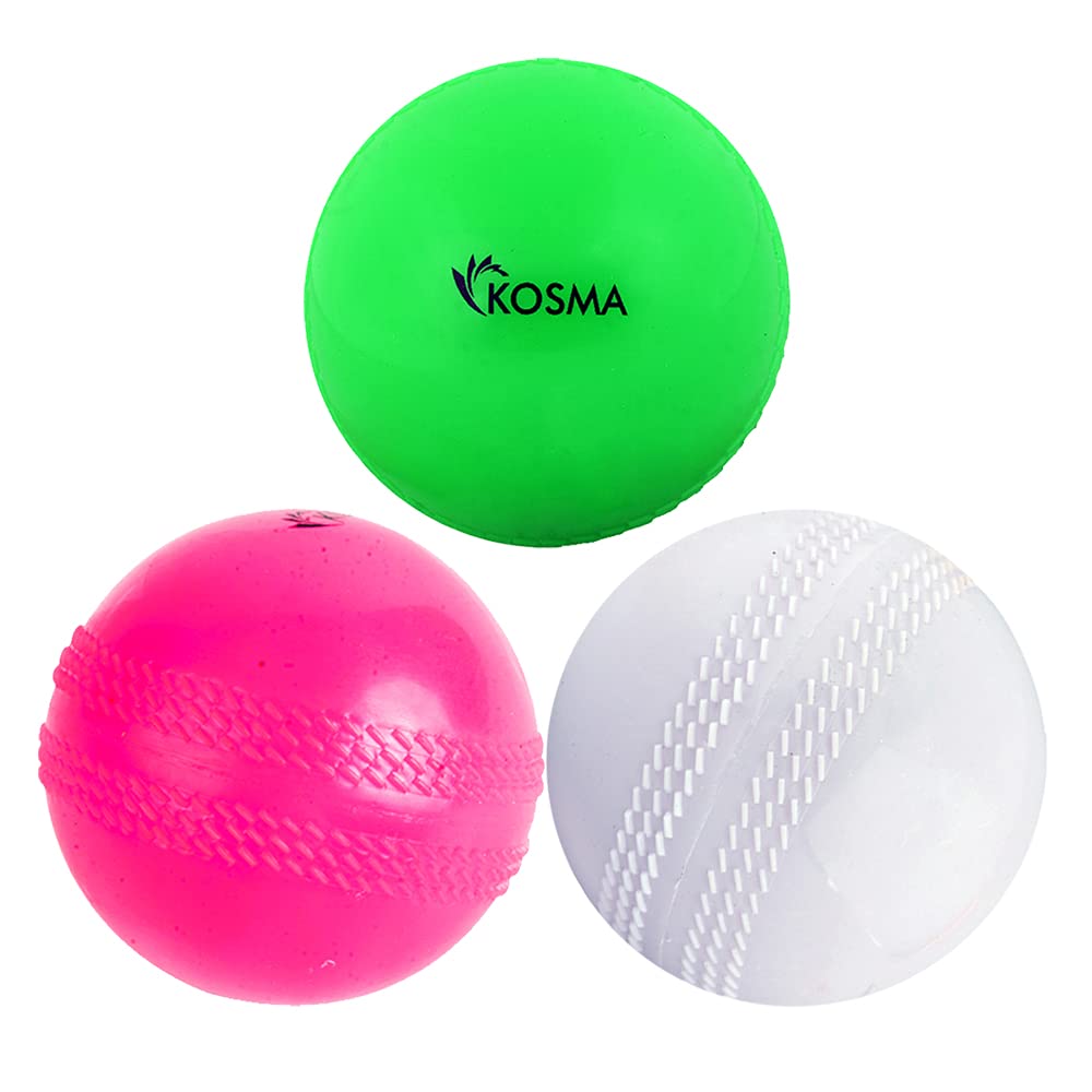 Kosma Pack of 3 Windball Cricket Ball | Indoor & Outdoor Soft Training Cricket Ball for Coaching Practice (Pink, White, Green)