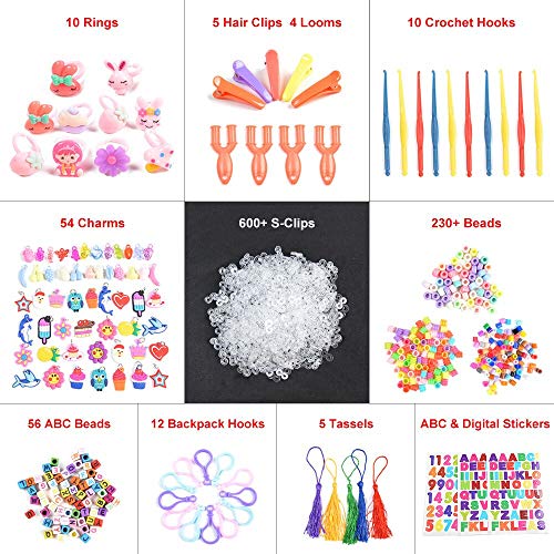 18700+ Rainbow Rubber Bands Refill Kits, 17760+ Loom Bands in 38 Colors, 600 Clips, 230 Beads, 56 ABC Beads, 54 Charms, 12 Backpack Hooks, 10 Crochet Hooks, 10 Rings, 5 Hair Clips, 5 Tassels.....