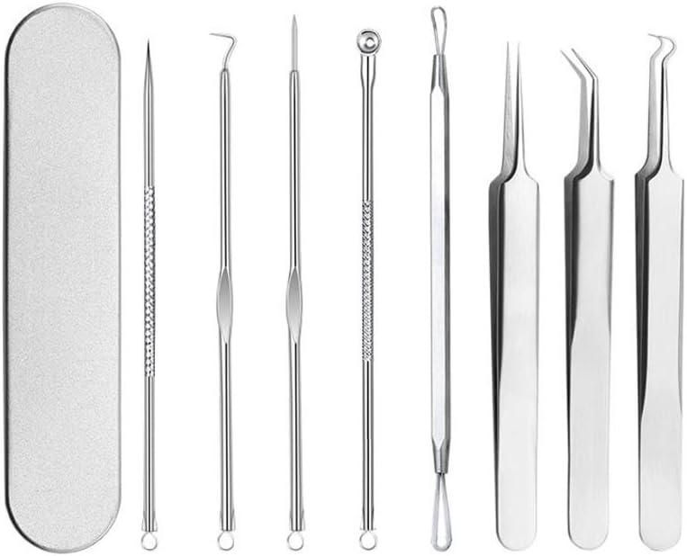 Pinkiou Blackhead Removers Comedone Pimple Removal Extractors Acne Blemish Needles Tool Kit Nose Face Skincare, 8-in-1 with Metal Case