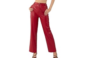 HEZIOWYUN Faux Leather Pants for Women Solid Color High Waist Straight Leg Trousers Vintage 90s Streetwear Pant with Pockets