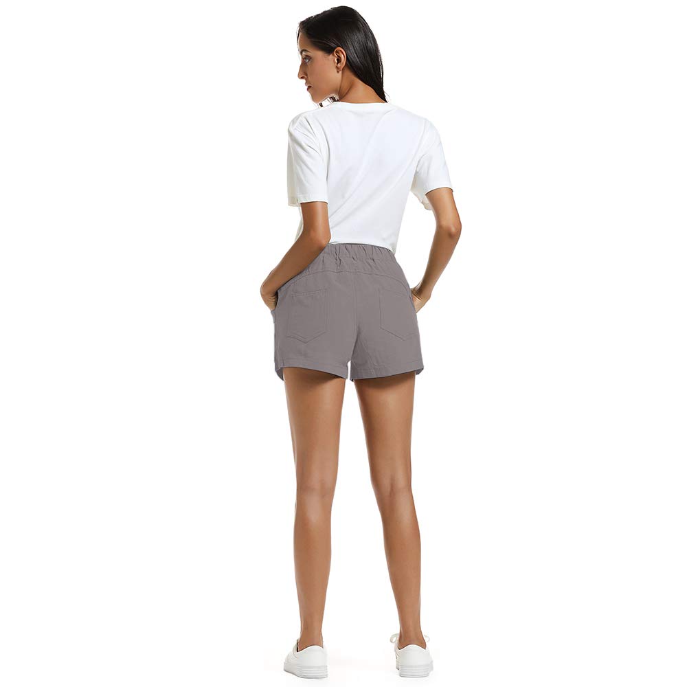 NEWFANGLE Women\'s Cotton Linen Causal Shorts Comfy Beach Short Drawstring Elastic Waist Shorts,Gray,L