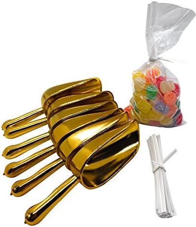 Candy Buffet Supplies: Set of Candy Buffet Scoops and Candy Buffet Bags with Twist Ties (6 Gold Scoops, 100 Clear Bags, Gold)