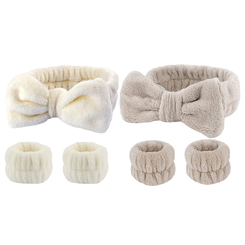4 Pcs Wrist Wash Bands Face Washing Wrist Towels Skincare Wrist Bands Wrist Scrunchies and 2 Pcs Makeup Headbands Spa Hair Bands Beige and Brown