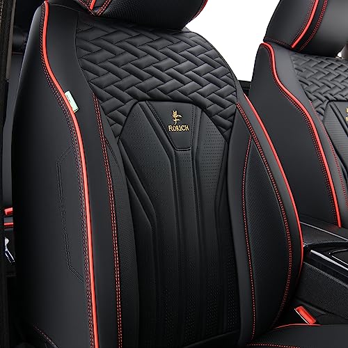 FLORICH Car Seat Covers Faux Leather Front and Rear Seat Covers 5 Pieces Full Set Universal Fit Most Cars, Sedans, SUVs and Trucks, Black & Red Line