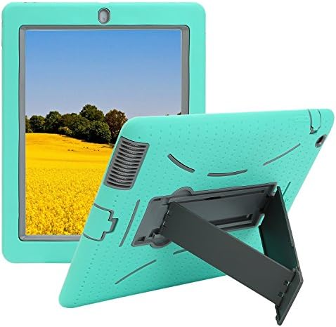 TKOOFN Silicon Defender Multilayer Protective Military Shockproof Bumper Case with Built in Stand for Apple iPad 2 / iPad 3/ iPad 4 + Screen Protector+ Stylus+Cleaning Cloth, Gray/Green - PT7708