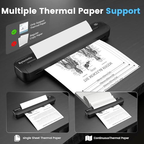 ByteCintia Imprimante Thermique A4 sans Encre, Bluetooth sans Fil Compatible avec iOS Android Mac Windows, Imprimante de Voyage Ultra-légère 450g pour Télétravail, Reçus et Pochoir Tatouage, Noir