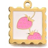 DanLingJewelry 7Pcs Pink Strawberry Enamel Charms Stainless Steel Square with Fruit Pendants for DIY Jewelry Necklaces Earrings Craft Making