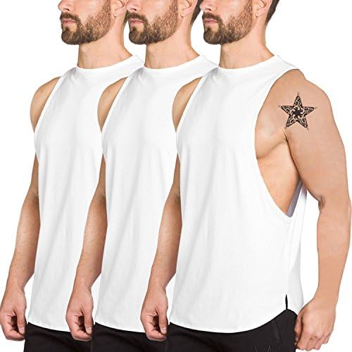 Men's 3 Pack Fitness Workout Tank Tops Gym Cotton Tshirts Sleeveless(3Pack,White,XL)