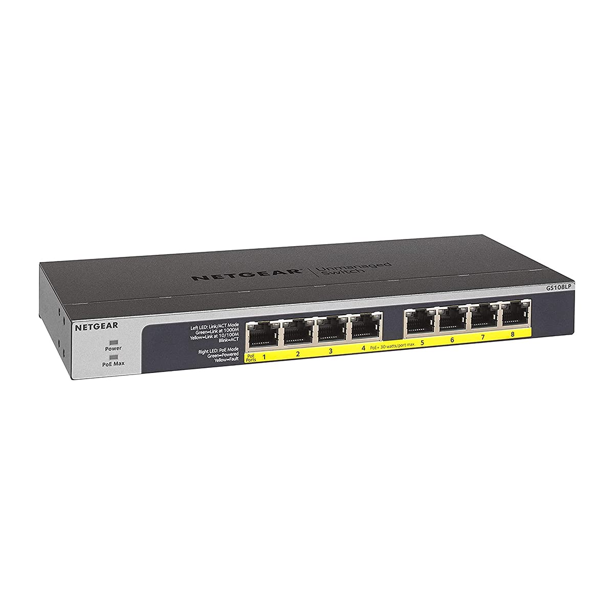 NETGEAR 8 Port PoE Switch (GS108LP) - Gigabit Ethernet Unmanaged Network Switch - with 8 x PoE+ @ 60 W Upgradeable - Desktop, Wall Mount or Rackmount - Limited Lifetime Protection
