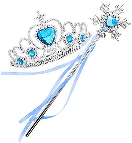 Jeassi Princess Crown Tiara and Wand Set Silver Heart Jewel Princess accessories (Blue, Snowflake)