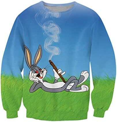 Women Men 3D Budz Bunny Crewneck Bugs Bunny Cartoon Character Trickster Rabbit Smoke On Grass Sick Sweatshirts