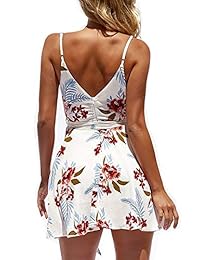 Casuress Vestido de verano para dama, cuello en V, mini vestido con estampado floral, sin mangas, con correa de espagueti, con cinturón