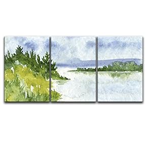 3 Panel Watercolor Style Trees Calm Lake x 3 Panels