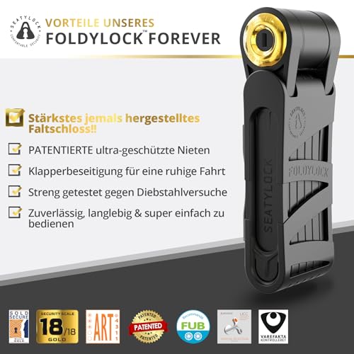 FoldyLock Forever Bicycle Lock with Key - Patented Folding Lock with Bracket - Test Winner Sold Secure Gold Bicycle Accessories - High Security for City Bikes and eBike - 90 cm