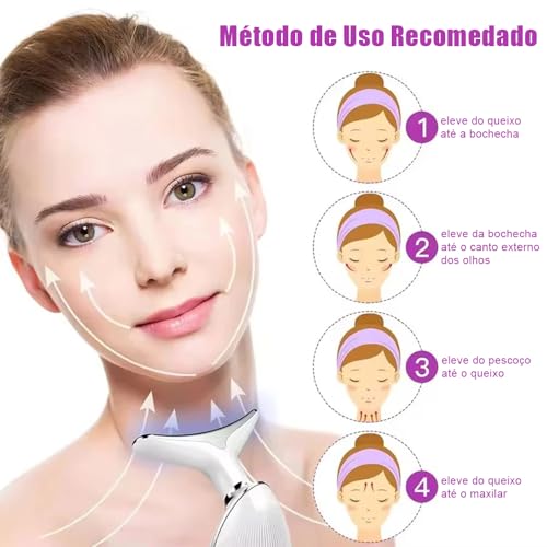 Massageador Facial LED 3 Cores com EMS e Aquecimento, Lifting Facial, Redução de Rugas e Papada, Estimulador de Colágeno Recarregável para Pescoço
