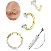 Kosuwo 20G/18G Moissanite Nose Rings Studs Set for Women Men, 925 Sterling Silver 18K White Gold Plating, Hypoallergenic L Shape, Hoop,Horseshoe Nose Ring