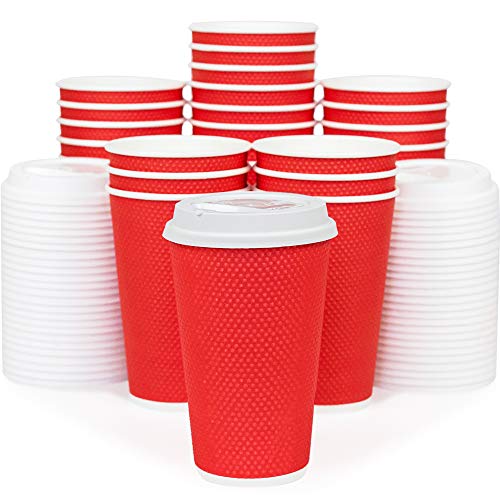 Glowcoast Disposable Coffee Cups With Lids - 16 oz To Go Coffee Cup With Lid (70 Set). Large Togo Travel Paper Hot Cups Insulated For Hot and Cold Beverage Drinks, No Sleeves Needed (Poppy)