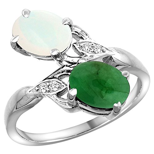 10K White Gold Diamond Natural White Opal & Cabochon Emerald 2-stone Ring Oval 8x6mm, size 10