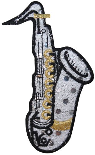 ID #9163 Shiny Saxophone Jazz Instrument Metallic Thread Iron On Applique Patch