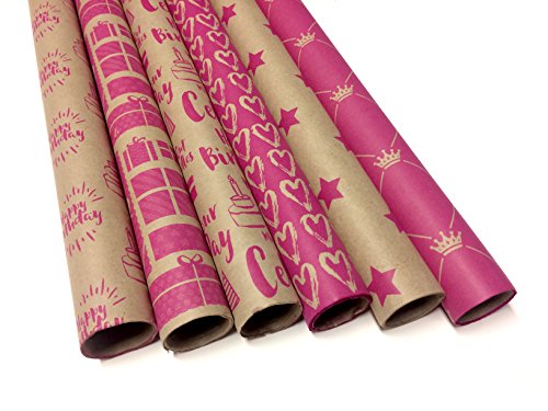 Kraft and Pink Wrapping Paper Set - 6 Rolls - 6 Birthday Patterns - 30