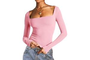 Dwnval Women's Sexy Long Sleeve Crop Top Square Neck Double Lined Basic Slim Fit T Shirt