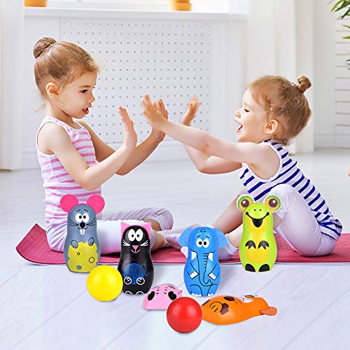 Portzon Bowling Set, Wooden Bowling with 6 Pins 2 Balls, Educational Indoor Outdoor Early Ages Preschool Development Games