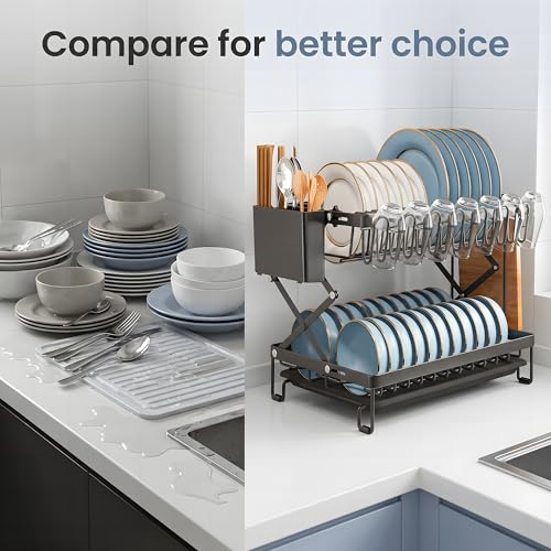 Beauenty 2 Tier Dish Drying Rack, With Drip Tray And Folding Design, Large Capacity Kitchen Dish Drainer For Small Kitchens, 42cm(Black)