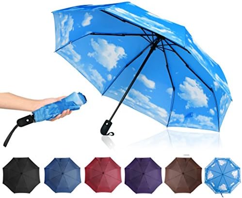 QHUMO Compact Travel Umbrella Windproof, Automatic Folding Umbrellas for Women Men and Kids, Auto Open Close Umbrella Lightweight for Car Outdoor Use, 210T Teflon Coating Waterproof Umbrella Blue Sky