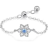 Kokoma Dainty Little Flower Sterling Silver Ring for Women Link Chain Floral Stacking Rings Cubic Zirconia Blue Crystal Statement Ring Dangling Ball Adjustable Delicate Jewelry Gifts