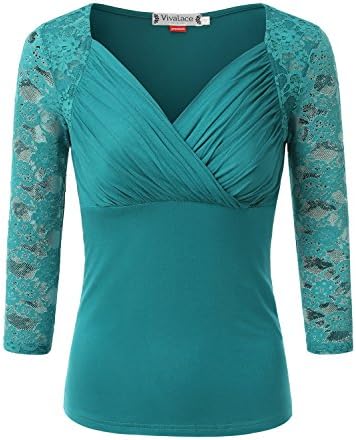 VIVALACE Womens 3/4 Lace Sleeve Cross-front V Neck Knit Top, Teal, Medium