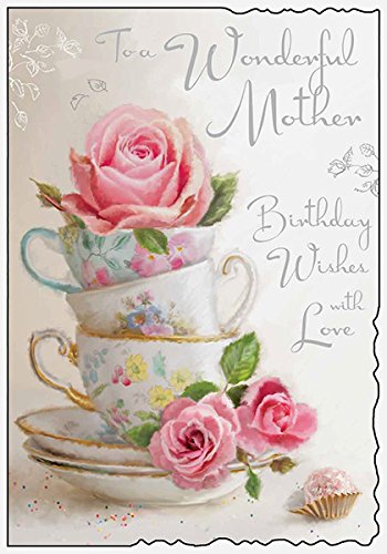Jonny Javelin - Mother 'Happy Birthday' Card - Pretty Design with Tea and Roses - Die Cut Finish